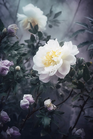 bushes of white roses on misty backgroundの素材