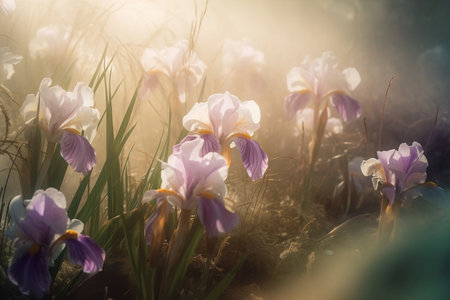 delicate white irises in fog close upの素材