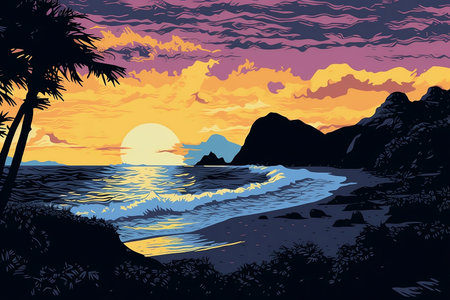 colorful illustration of sand beach at sunsetの素材