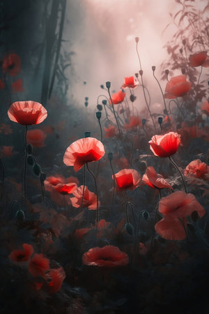 meadow of red poppies in fog close upの素材