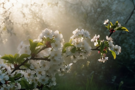 branches of blossoming cherry tree in morning sunlightの素材