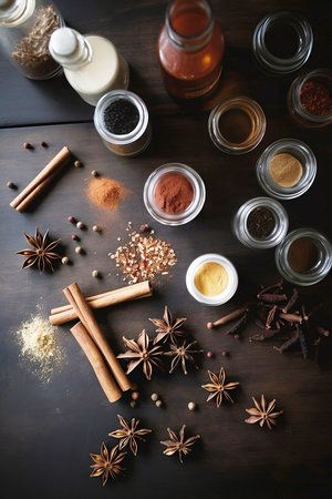 different ingredients and spices on dark background top viewの素材