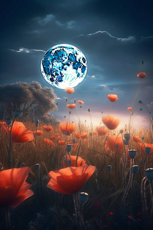 meadow of red poppies at full moon nightの素材