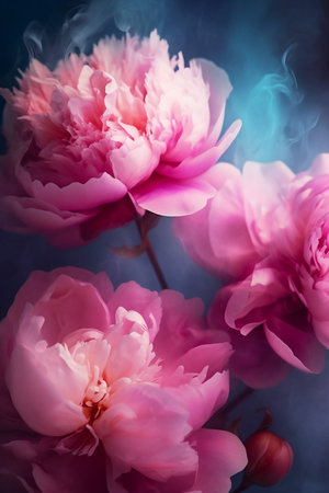 blooming pink poenies covered with fog on dark backgroundの素材