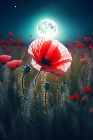 meadow of red poppies at full moon nightの素材
