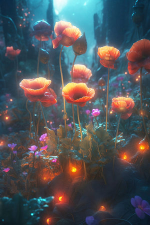 beautiful field of poppies in dark forest close upの素材