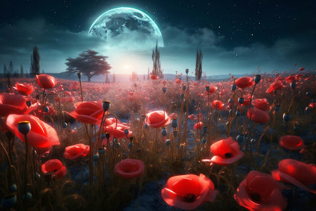 meadow of red poppies at full moon nightの素材