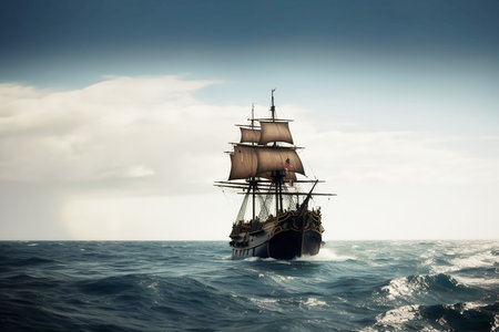big pirate ship in open seaの素材