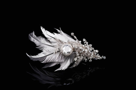 silver feather brooch with diamonds on black background close upの素材