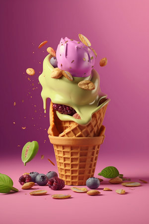 colorful ice cream with berries and nuts on pink backgroundの素材