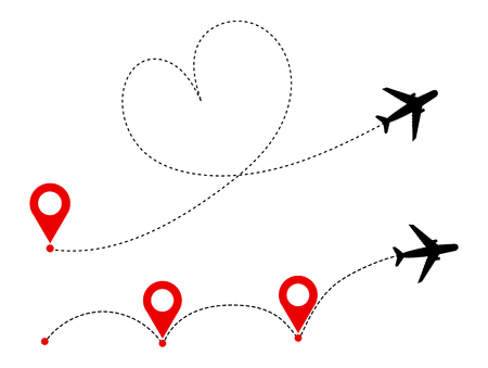 Plane with destinations points and dash route line. Airplane travel concept. Vector silhouette illustrationのイラスト素材