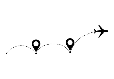 Plane with destinations points and dash route line. Airplane travel concept. Vector silhouette illustrationのイラスト素材