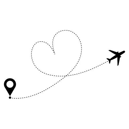 Plane with destinations points and dash route line. Airplane travel concept. Vector silhouette illustrationのイラスト素材