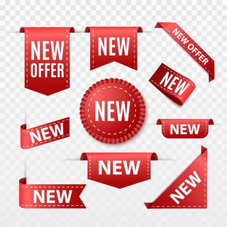 New Offer Sale Tag. Red ribbon Banner isolated on white background. Vector label or badgeのイラスト素材