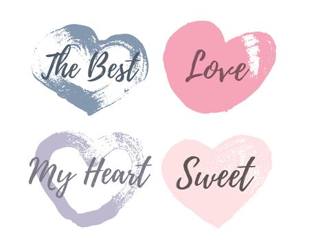Beautiful frames in the form of multi-colored hearts with inscriptions. Creative colorful brush strokes for your design.のイラスト素材