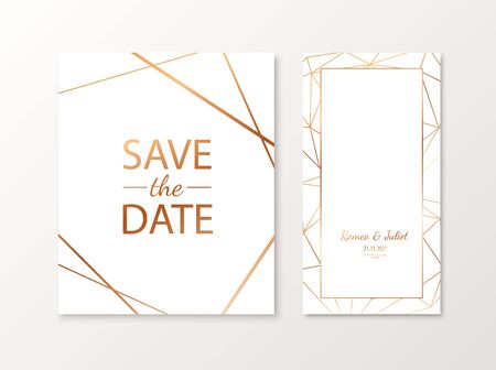Wedding invitation cards with gold geometric polygonal design elements. Vector luxury inviteのイラスト素材
