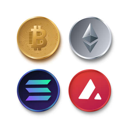Cryptocurrency symbols isolated on white. 3d vector coins. Bitcoin, ethereum, solana and avalancheのイラスト素材