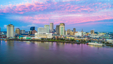 Downtown New Orleans, Louisiana, USA Skyline Drone Aerial at Sunriseのeditorial素材