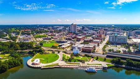Drone Aerial View of Downtown Montgomery Alabama AL Skylineのeditorial素材