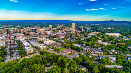 Drone Aerial View of the Downtown Greenville, South Carolina SC Skylineのeditorial素材