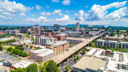 Drone Aerial of Main Street Downtown Greenville South Carolina Skyline.のeditorial素材