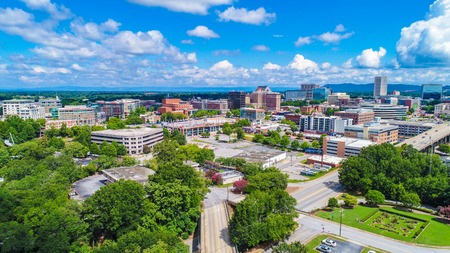 Drone Aerial of Main Street Downtown Greenville South Carolina Skyline.のeditorial素材