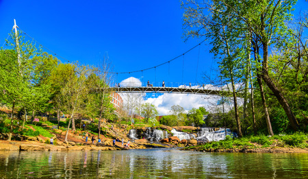 Falls Park Reedy River and Liberty Bridge Panoramaのeditorial素材