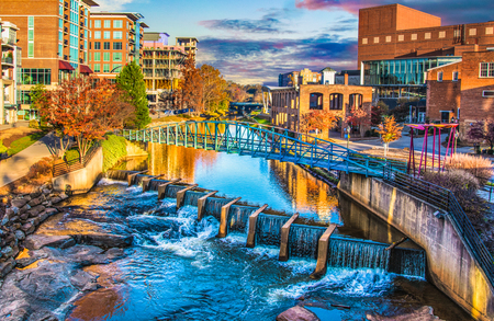 Reedy River and Skyline in Downtown Greenville South Carolina SC.のeditorial素材