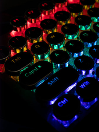 Close up shot of a computer keyboard with multicolored light.
