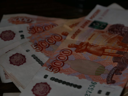 Close-up of a pile of Russian rubles banknotesの写真素材