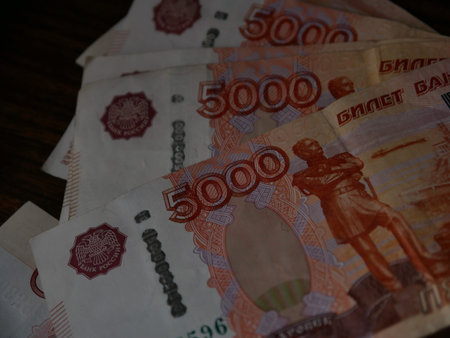 Ukrainian hryvnia banknotes on a dark backgroundの写真素材