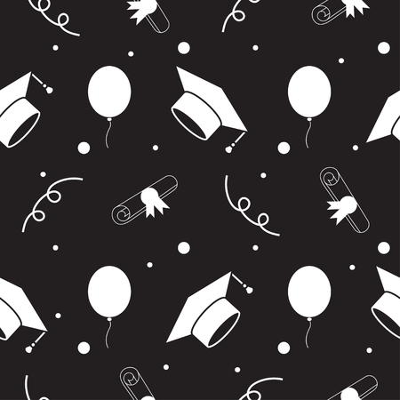 Seamless vector backdrop of tossing graduation caps, balloons and diplomas pattern. Can be used for web page backgrounds, pattern fillsのイラスト素材