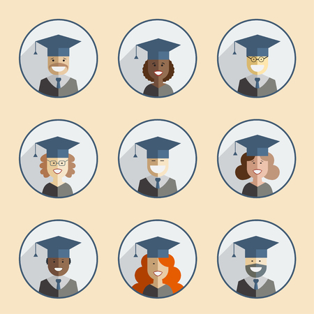 Men and women graduates in gown and hats. Graduation girl and guy icon set collection in flat style.のイラスト素材