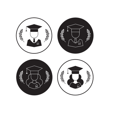 Graduation icon vector set. Men and women graduates with graduation cap and wreath signs. Higher education symbol buttons in black and whiteのイラスト素材