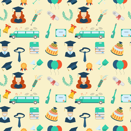 Graduation celebration elements seamless background. Man and woman graduates in hats and gowns, balloons, bell, limousine, cake, diploma and wreath pattern wallpaper backdropのイラスト素材