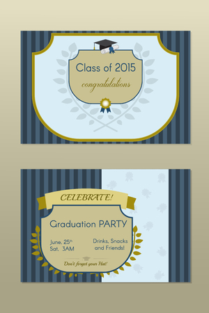Vector illustration of gold graduation certificate or postcard. Graduates celebrating party invitation vintage template with hat, scroll and seal.のイラスト素材