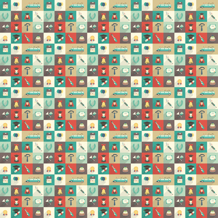Graduation celebration elements seamless background of repeating icons. Man and woman graduates in hats and gowns, balloons, bell, limousine, cake, diploma and wreath pattern wallpaper backdropのイラスト素材