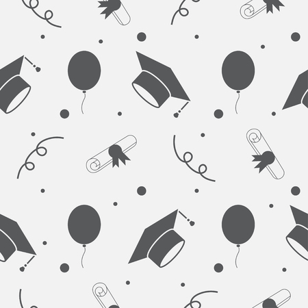 Seamless vector backdrop of tossing graduation caps, balloons and diplomas pattern. Can be used for web page backgrounds, pattern fillsのイラスト素材