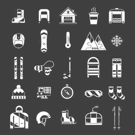Winter sports and fun outline icon collection. Winter resort silhoutte pictogram set. Outdoor winter activity lifestyle concept icons. Snowboard suit, skis, sled, funicular, chalet, snowflake, hat, board, skates, helmet and mittens elements.のイラスト素材