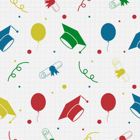 Seamless vector backdrop of tossing graduation caps, balloons and diplomas pattern. Education celebration symbols on repeatin cells. Can be used for web page backgrounds, pattern fillsのイラスト素材