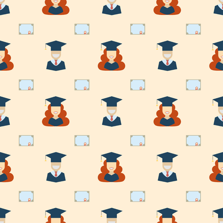 Seamless graduation celebration background pattern with student man, woman and diploma. Graduates guy and girl in caps and gowns educational patternのイラスト素材