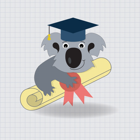 Happy graduate koala in hat with diploma. Animal graduation icon with educational symbolsのイラスト素材