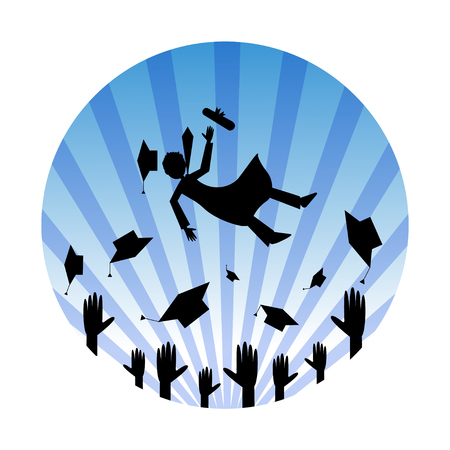 Graduation celebrating. Silhouettes of hands throwing hats in the air and happy graduation guy jumping highのイラスト素材