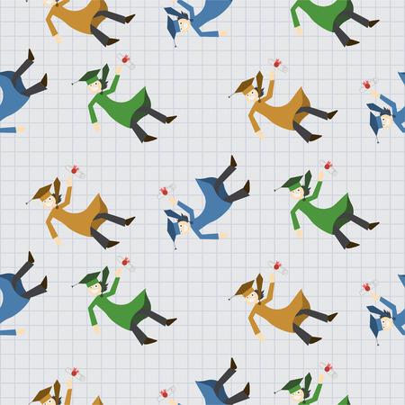 Seamless vector backdrop of tossing happy student guys in colorful gown and cap with diploma on the exercise page cells. Graduation celebration educational concept. Can be used for web page backgrounds, pattern fills.のイラスト素材
