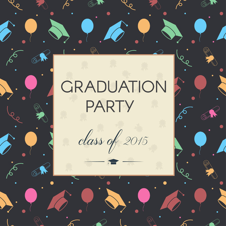 Vector illustration of colorful graduation invitation or certificate. Education celebrating postcard template background with tossing hats, baloons, diplomas and ribbons.のイラスト素材