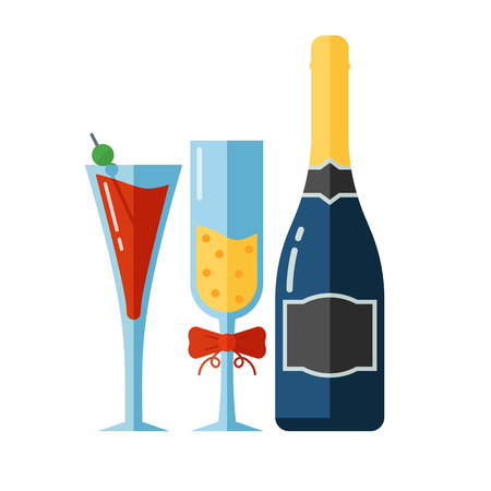 Alcohol drink bottle and full glasses with liquid. Celebration toast concept with goblets, coctail and alcohol drinks.のイラスト素材