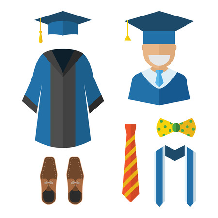 Graduation clothes and accessories set. Graduate gown, tie, ribbon, shoes, bow-tie and hat with graduation happy guy vector icon isolated on white. Graduation ceremony dress wear man set.のイラスト素材