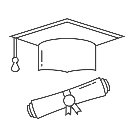 Graduation hat and diploma scroll line art vector icon. Graduation celebration cap linear pictogram for web and applications. Isolated vector graduation student hatのイラスト素材