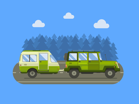 Road travel trailer and SUV driving on forest area road. Family traveler truck summer trip concept. RV travel landscape poster. Camper on road trip.のイラスト素材
