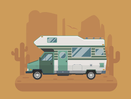 RV travel concept. Traveler truck campsite place landscape. Summertime camper trailering on National park desert area. Camping scene with family trailer caravan near buttes and cactus.のイラスト素材